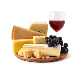 Plate with tasty cheese, grapes and glass of wine on white background