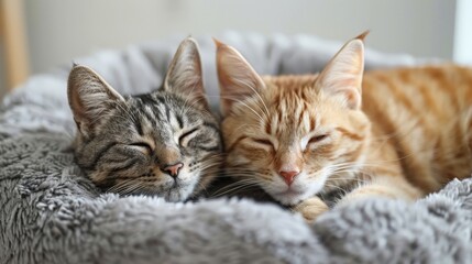 Two cats, one gray tabby and one orange tabby, are peacefully napping in a plush bed together