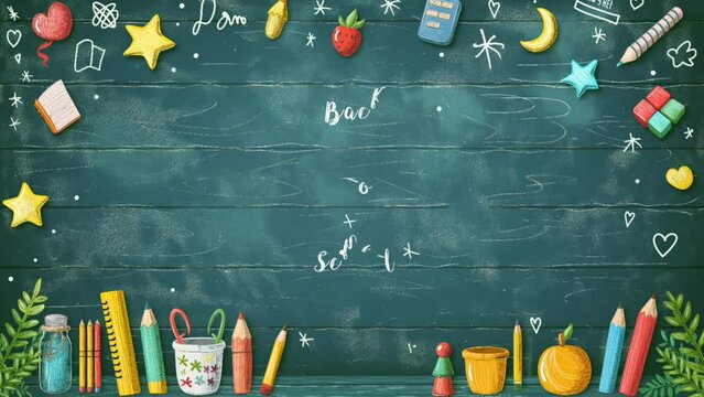 Back to School moving text on classroom chalkboard, seamless animation background