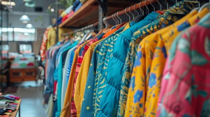 Obraz premium A row of colorful vintage clothing hangs on racks in a secondhand store. The clothes are mostly shirts and jackets, and they are all in different patterns and colors