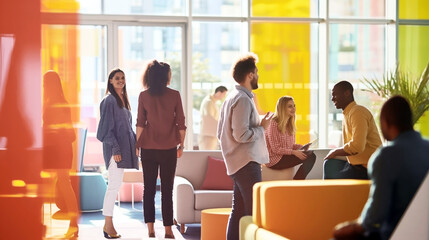 Diverse group of professionals conversing in a modern, colorful office lounge.