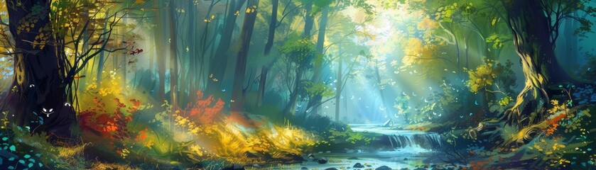 Fototapeta premium Dreamy forest landscape painting, vibrant hues, intricate details, digital art, background design.