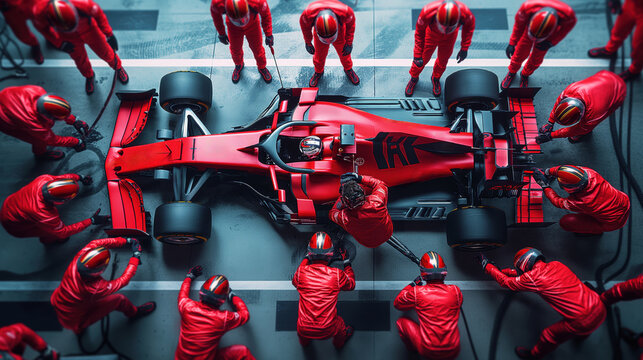 Top-down view of a racing car pit stop with crew members in red uniforms working efficiently.