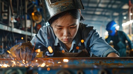 A woman wearing a blue shirt and a helmet is working on a piece of metal