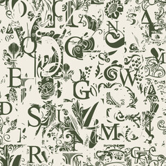 Abstract seamless pattern with chaotic layering of vintage letter elements floral ornament. Vector background art in creative modern design. Suitable for wallpaper, wrapping paper or fabric