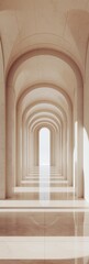 Fototapeta premium Symmetrical view of arches in a modern corridor with a gradient of light at the end
