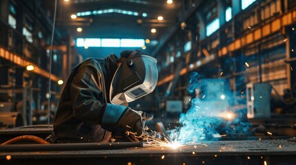 A man in a protective suit is working on a piece of machinery. Concept of danger and risk, as the man is surrounded by sparks and debris