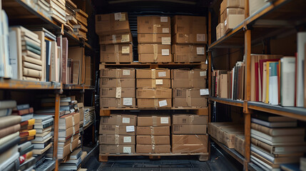 Obraz premium A truck is filled with boxes and is parked in a warehouse