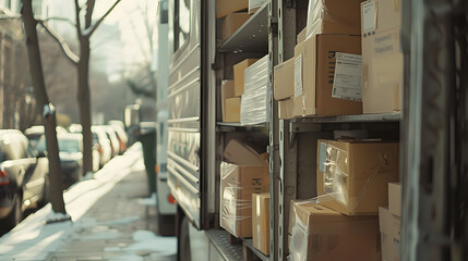 Fototapeta premium A truck is filled with boxes and is parked in a warehouse
