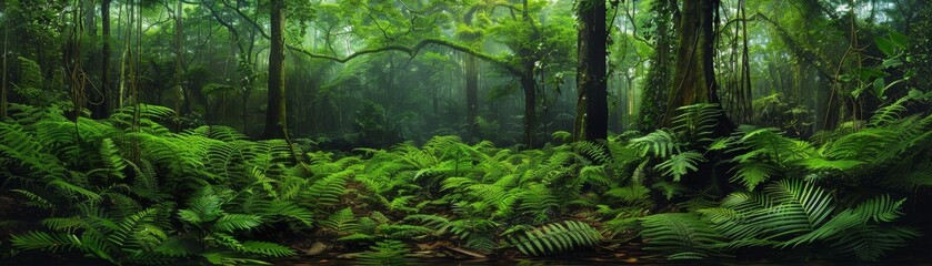 Lush, vibrant Southeast Asian rainforest undergrowth in the humid month of August