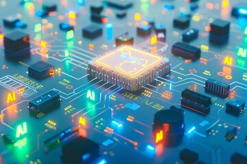 Futuristic AI processors on a neon lit motherboard, representing high speed data processing and advanced computing power.