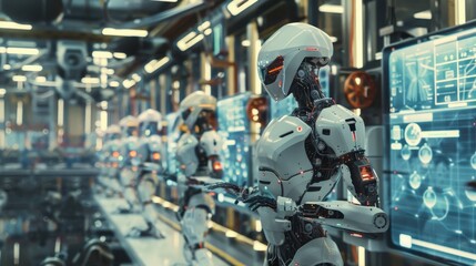 A robot is standing in a factory with other robots. The robot is white and has a red face. The factory is filled with robots and has a futuristic feel to it