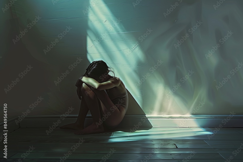 Poster a person sits alone in a dimly lit room, hugging their knees to their chest, with light streaming in
