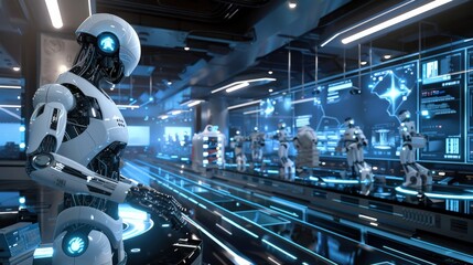 Obraz premium A robot is standing in a factory with other robots. The robot is white and has a red face. The factory is filled with robots and has a futuristic feel to it