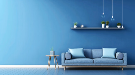 Modern living room with blue walls, a sofa, floating shelf and pendant lights