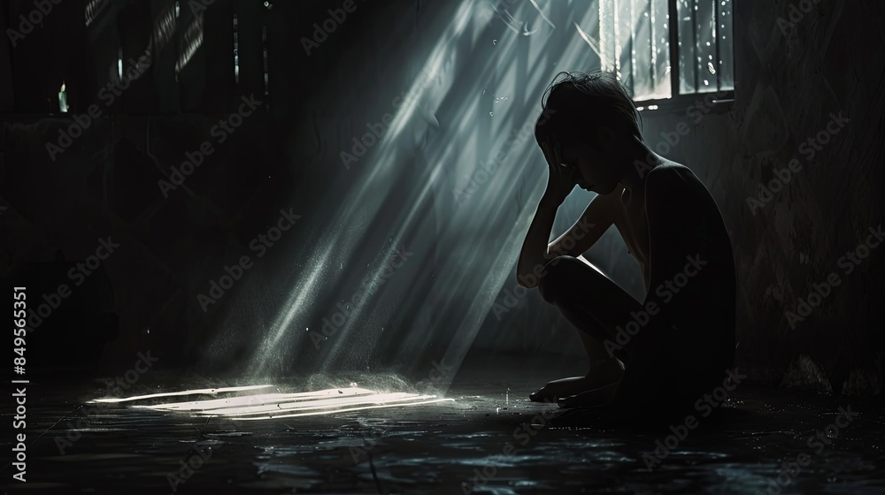 Fototapete a figure sits alone in a dark room, lit by a narrow beam of light. shadows partially obscure their f