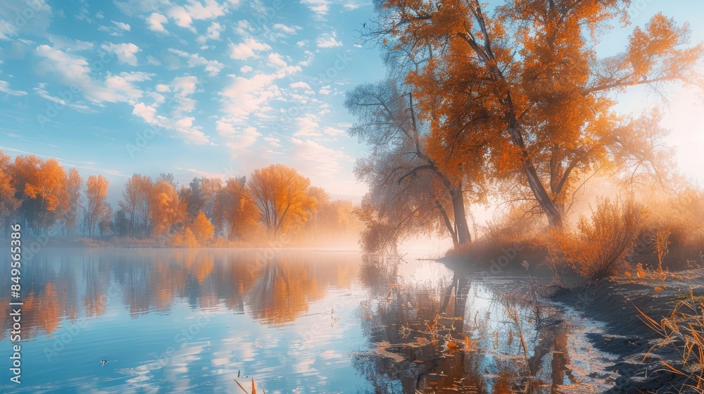 Poster Autumnal riverbank scenery with misty morning fog and trees by the river