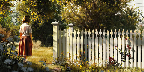 Family Life (White Picket Fence): A figure standing near a white picket fence, symbolizing the idealized family life of the 1950s