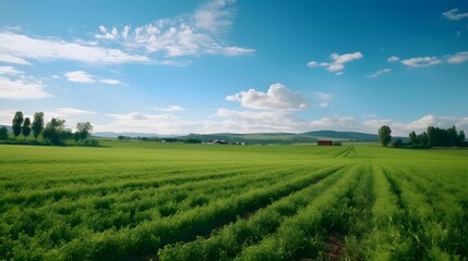 A lush green farm field under a clear blue sky, agricultural industry