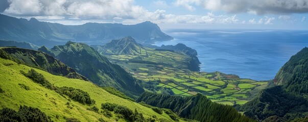 Mountainous terrain and vast landscape of Ponta Delgada, Azores Islands, Portugal.