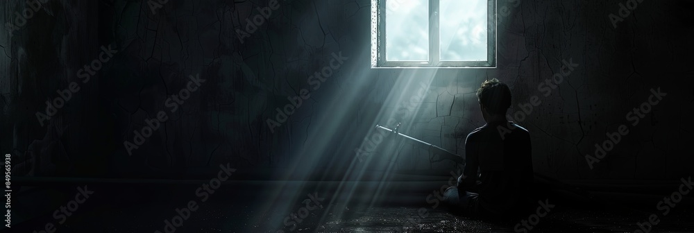 Poster alone in a dark room, a person is lit by a single beam of sunlight. shadows partially hide their fac