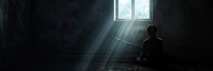 Alone in a dark room, a person is lit by a single beam of sunlight. Shadows partially hide their face, evoking isolation and sadness. Generative AI