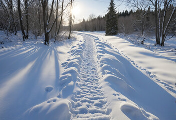Obraz premium Tranquil winter wonderland: Footprints winding through the untouched snowy countryside