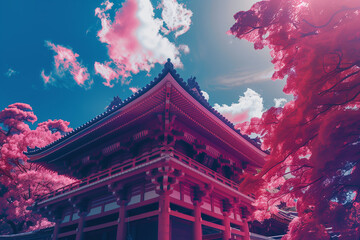 A stunning Japanese temple with vibrant pink foliage and a bright blue sky, showcasing the beauty of traditional architecture and nature