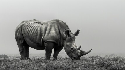 Fototapeta premium A black and white image of a white rhino grazing on the lush grasses of the South African savanna, enveloped in a thick mist