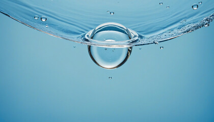 Tranquil Close-up of Water Bubbles and Droplets in a Serene Blue Setting