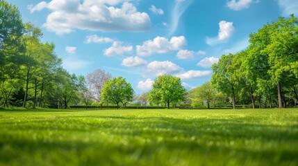 Obraz premium Stunningly blurred nature photo showcasing springtime's lush lawn flanked by verdant trees under a vibrant blue sky with fluffy clouds.