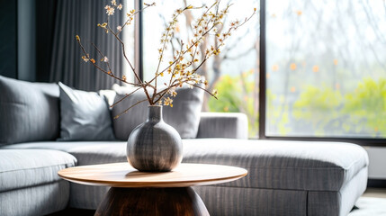 Modern living room interior featuring a stylish vase with blooming branches on a wooden table.