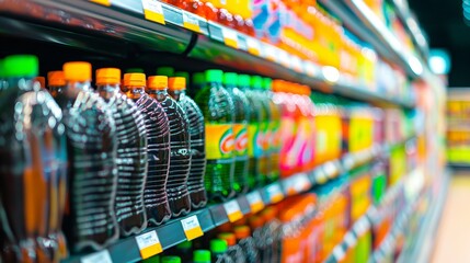 This image shows a close-up of colorful bottles of beverages on supermarket shelves. The shelves are stocked with a variety of drinks, showcasing the wide selection available to customers.