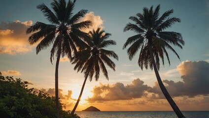Obraz premium postcard featuring a sunset over a tropical island with palm trees swaying in the breeze