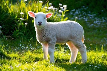 Fototapeta premium Young lamb in sunlit meadow, glowing woolly coat, surrounded by green grass and white flowers