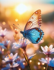 Ein zauberhafter Schmetterling auf blühenden Blumen im sanften Licht