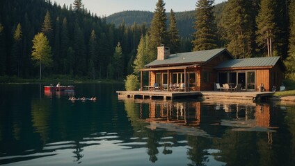 Naklejka premium serene lakeside cabin with a family enjoying a barbecue and swimming in the lake
