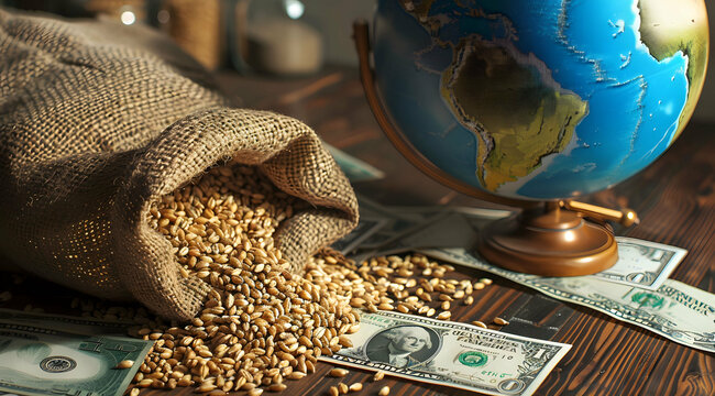 Depiction of a sack of wheat beside a globe, illustrating the global food crisis related to export and import issues