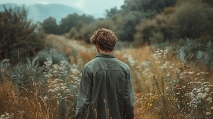 A man in a green shirt walks through a field of wildflowers, his back to the camera, in a nature setting