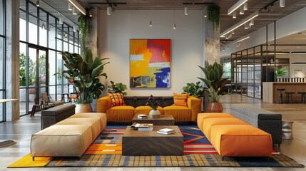 A modern co-working space with comfortable seating and colorful abstract art, creating a vibrant and inviting atmosphere