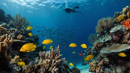 Fototapeta premium tropical underwater scene with colorful fish, coral reefs, and a scuba diver exploring the depths