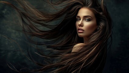 A beautiful woman with long flowing hair posing for the camera, showcasing her perfectly styled and healthy hair against a dark background. used as a hair salon ad banner or hair brand advertisement.