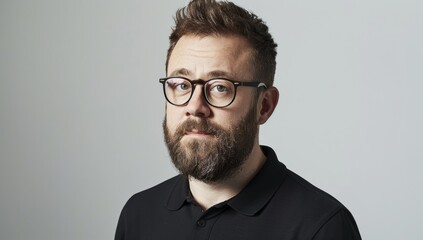 Fototapeta premium Man with beard and glasses wearing black polo shirt, neutral background