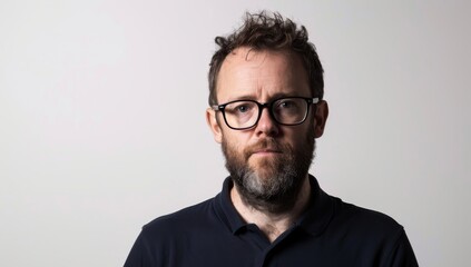 Man with beard and glasses wearing black polo shirt, neutral background