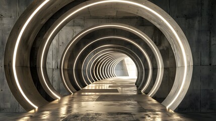 Obraz premium A modern concrete tunnel with sweeping curves and light arches creating a sense of futuristic architecture and design.