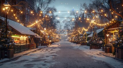 A snowy street with Christmas lights and decorations