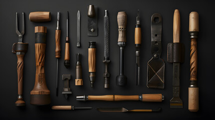 A collection of woodworking tools, including a variety of knives and saws