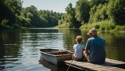 peaceful summer fishing trip with a grandfather and grandchild sitting by a quiet river