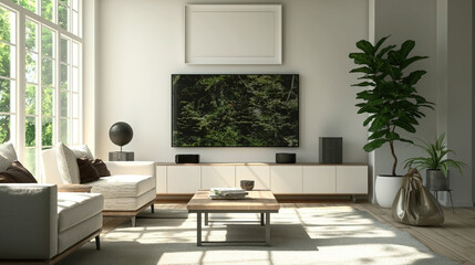 Stylish modern living room with clerestory windows, lush green plants, and contemporary furniture.
