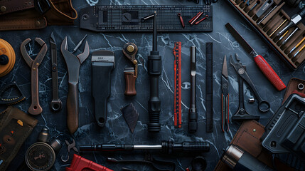 A collection of tools and equipment, including a pair of scissors